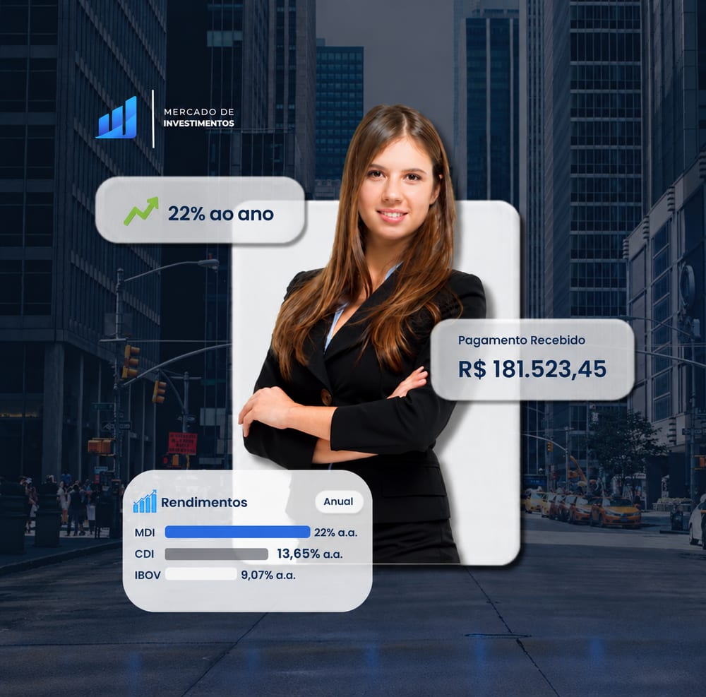 Investidora em frente a prédios corporativos, com destaques de rendimento e de pagamento recebido na Mercado de Investimentos.